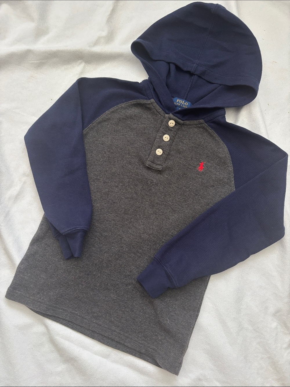POLO Ralph Lauren Charcoal Body Navy Raglan Henley with Red Logo (Boys Size 7)